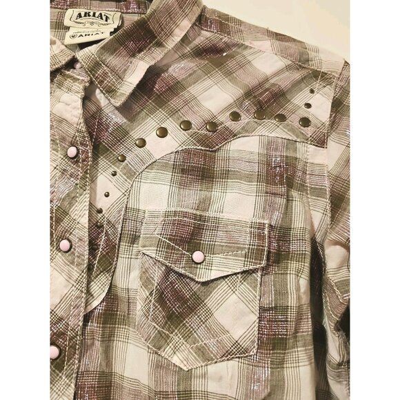 Ariat Women's Studded Pink Plaid Long Sleeve Evelyn Snap Western Shirt Sz Large - Picture 4 of 11